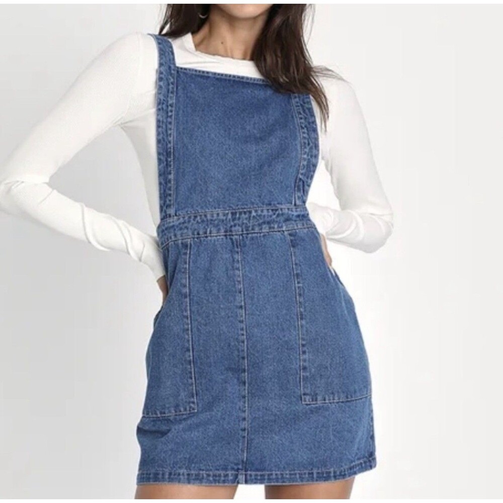 Lulus Complete Crush Mini Overall Dress Size L Medium Wash Denim Cotton Pinafore